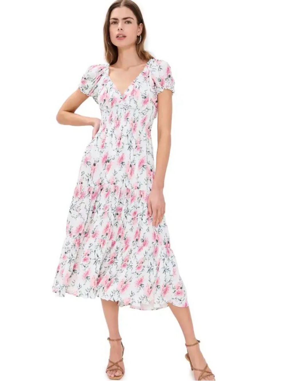 O.P.T Floral V-Neck Midi Dress in White and Pink. Medium